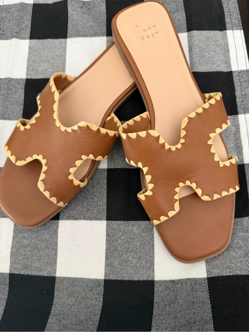 a new day Tan Brown Slide Sandals with Cream Stitch Trim